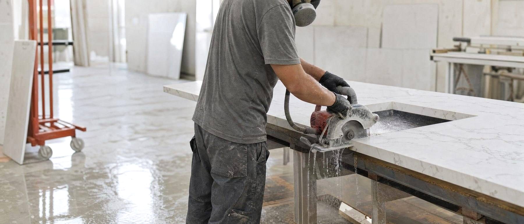 A fabricator in a respirator wet-cutting a quartz countertop to keep down silica dust
